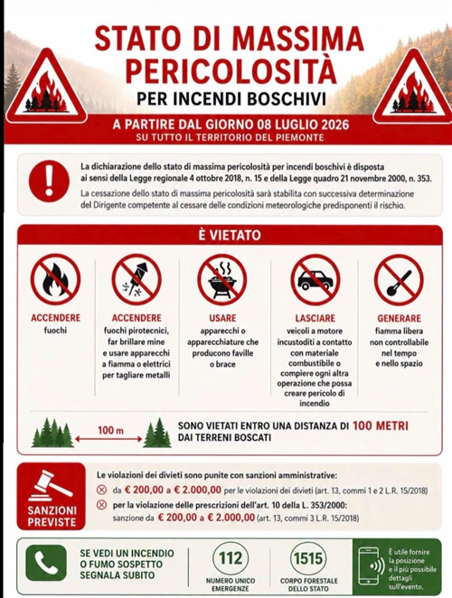 Stato di massima pericolosità per incendi boschivi